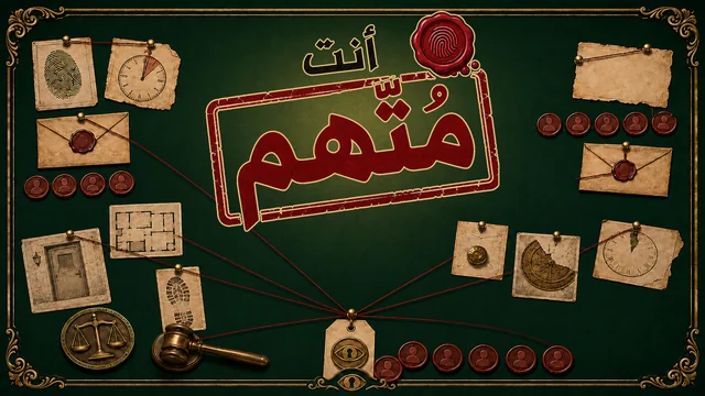 لوحة تحقيق على قماش أخضر: بصمة وساعة وظروف مختومة بالشمع ومطرقة قاضٍ وميزان تربطها خيوط حمراء، وفي الوسط ختم أحمر كبير باسم اللعبة «أنت مُتّهم»