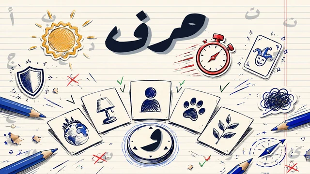 رسم بالقلم على ورق مسطَّر: بطاقات صور لمصباح وكوكب وورقة شجر وأثر قدم، وأقلام رصاص وساعة إيقاف، وفي الأعلى اسم اللعبة «حرف»