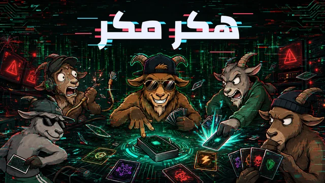 خمسة معزات بملامح كرتونية حول طاولة ورق في غرفة إنترنت خضراء، وفي الأعلى اسم اللعبة «هكر مكر» بخط متوهّج