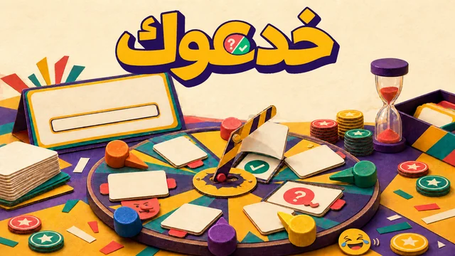 طاولة لعبة لوحية ملوّنة: قرص دوّار عليه بطاقات وقطع خشبية وعملات نجمية وساعة رملية، وفي الأعلى اسم اللعبة «خدعوك» بحروف صفراء كبيرة