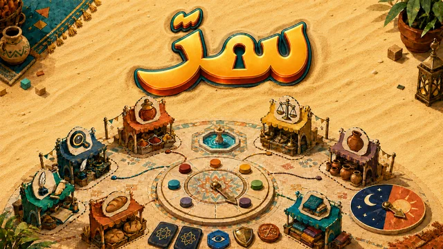 لوحة لعبة بمنظور علوي على رمال صحراء: أكشاك سوق ملوّنة حول دائرة فسيفساء فيها نافورة ومؤشّر دوّار، وبطاقات وقطع خشبية، وفي الأعلى اسم اللعبة «سرّ» بحروف ذهبية وثقب مفتاح
